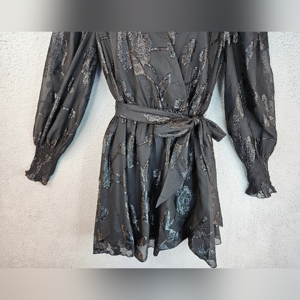 Blu Pepper Womens Black With Shimmer Roses Chiffon Mini Dress Sz M Cocktail* - Picture 3 of 15